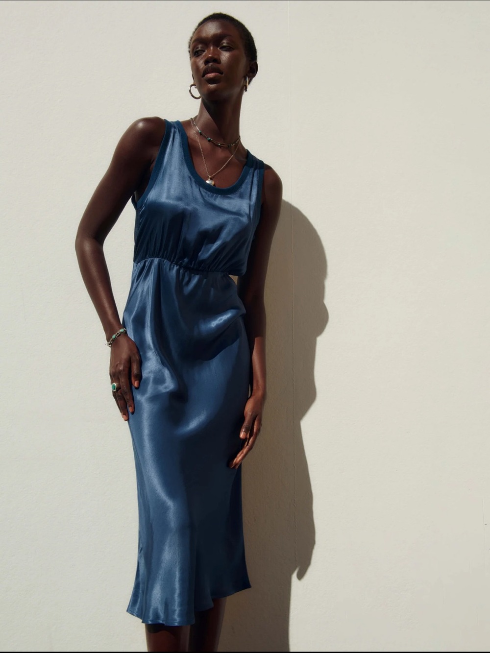 Nation LTD Satin Slip Midi Dress in Deep Blue NWT